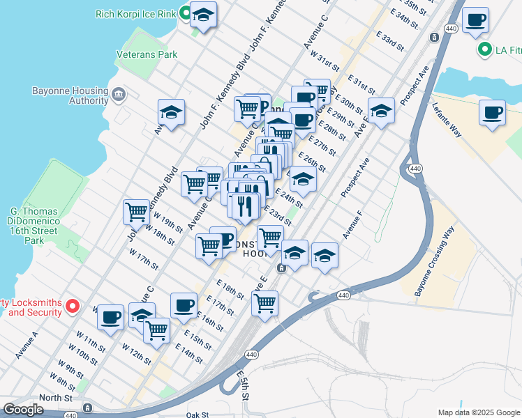 map of restaurants, bars, coffee shops, grocery stores, and more near 492 Broadway in Bayonne