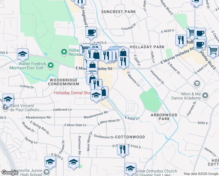 map of restaurants, bars, coffee shops, grocery stores, and more near 1916 East Rodeo Walk Drive in Holladay