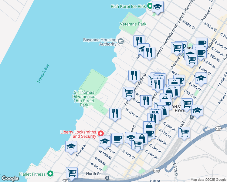 map of restaurants, bars, coffee shops, grocery stores, and more near 166 West 17th Street in Bayonne