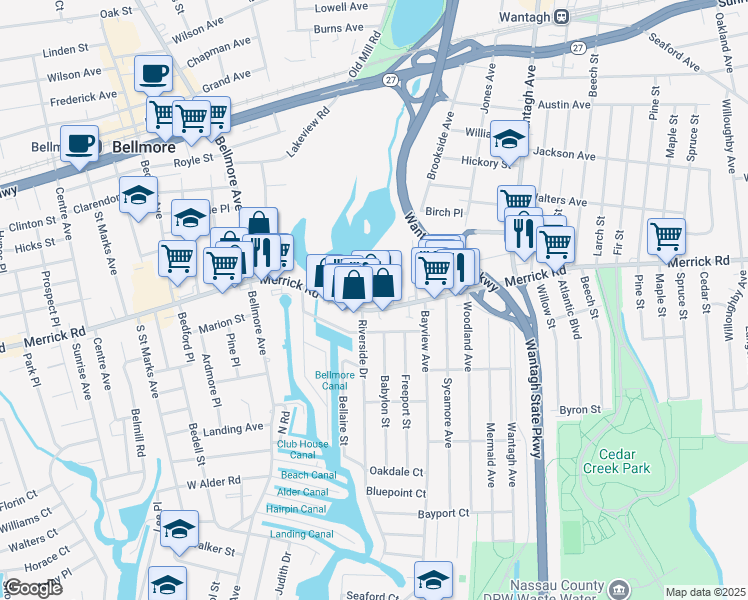 map of restaurants, bars, coffee shops, grocery stores, and more near 2974 Merrick Road in Wantagh