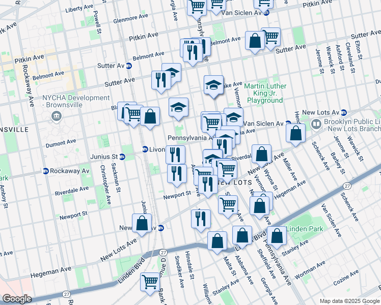 map of restaurants, bars, coffee shops, grocery stores, and more near Alabama Avenue in Brooklyn
