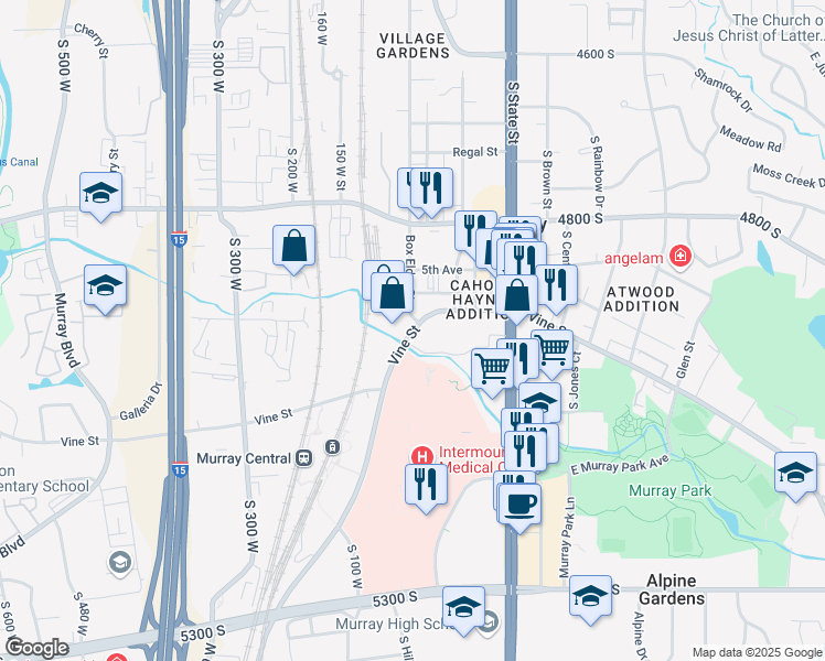 map of restaurants, bars, coffee shops, grocery stores, and more near 14 West Vine Street in Murray