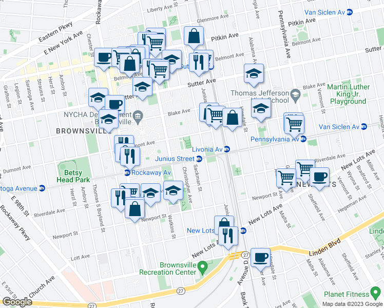 map of restaurants, bars, coffee shops, grocery stores, and more near 381 Livonia Avenue in Brooklyn