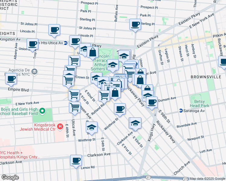 map of restaurants, bars, coffee shops, grocery stores, and more near 80 East 95th Street in Brooklyn