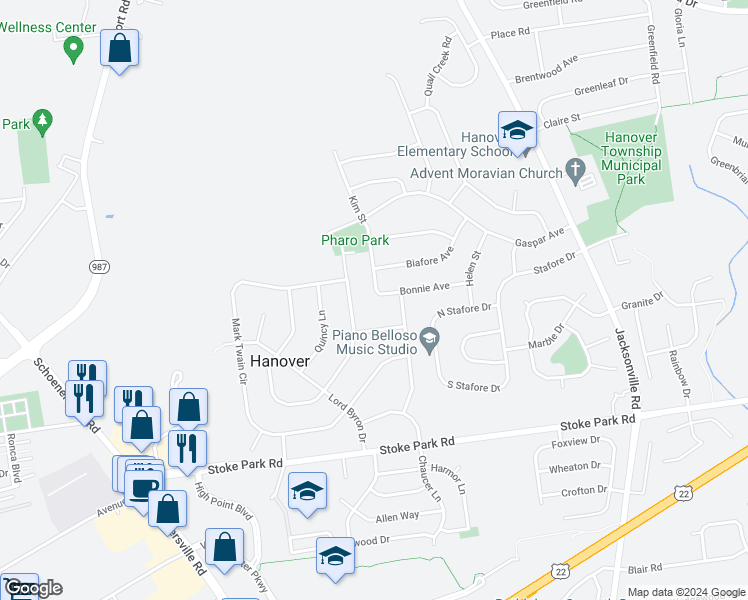 map of restaurants, bars, coffee shops, grocery stores, and more near 1381 Bonnie Avenue in Bethlehem