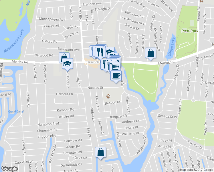map of restaurants, bars, coffee shops, grocery stores, and more near 135 Southgate Drive in Massapequa Park