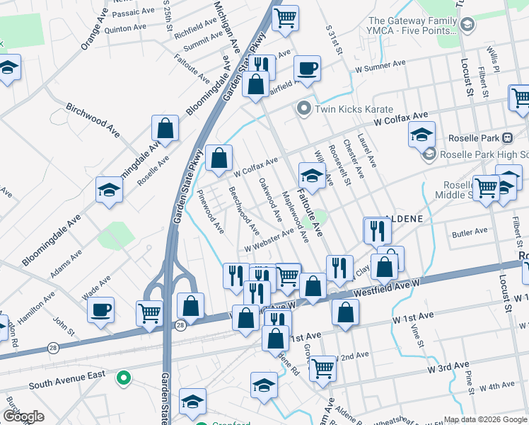 map of restaurants, bars, coffee shops, grocery stores, and more near 535 Ashwood Avenue in Roselle Park