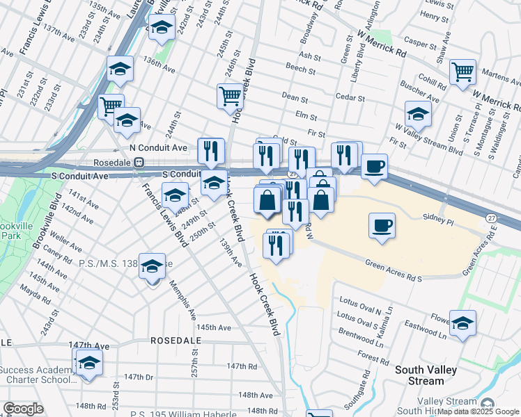 map of restaurants, bars, coffee shops, grocery stores, and more near 137-03 250th Street in Queens