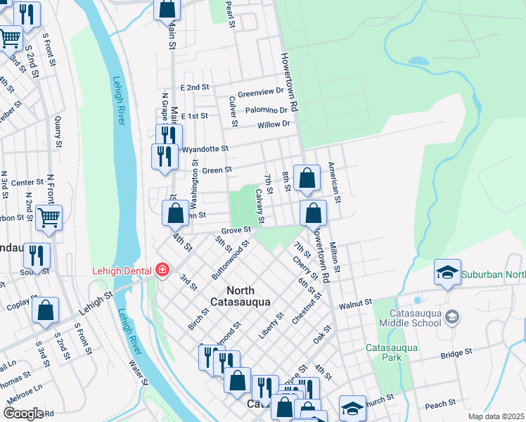 map of restaurants, bars, coffee shops, grocery stores, and more near 629 Penn Street in Catasauqua
