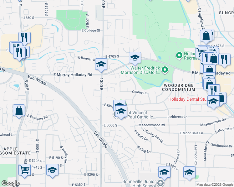 map of restaurants, bars, coffee shops, grocery stores, and more near 4856 South Colony Circle in Holladay