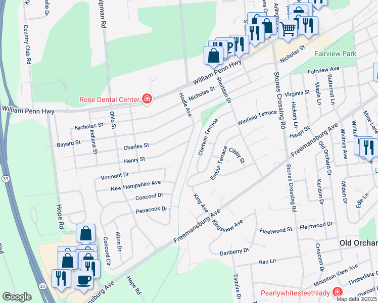 map of restaurants, bars, coffee shops, grocery stores, and more near 3120 Hodle Avenue in Easton