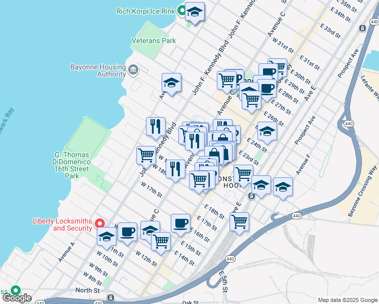 map of restaurants, bars, coffee shops, grocery stores, and more near 63 West 21st Street in Bayonne
