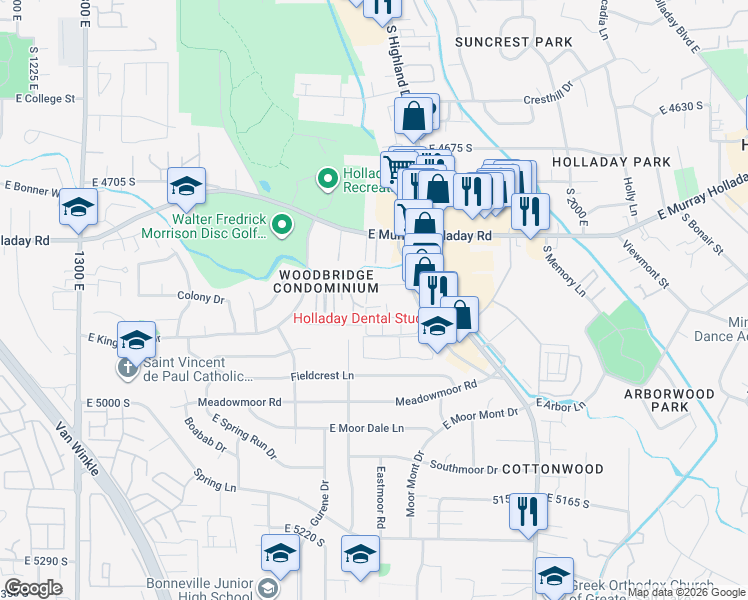 map of restaurants, bars, coffee shops, grocery stores, and more near 4878 Highland Circle in Holladay
