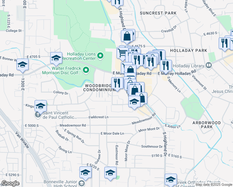 map of restaurants, bars, coffee shops, grocery stores, and more near 4874 Highland Circle in Holladay