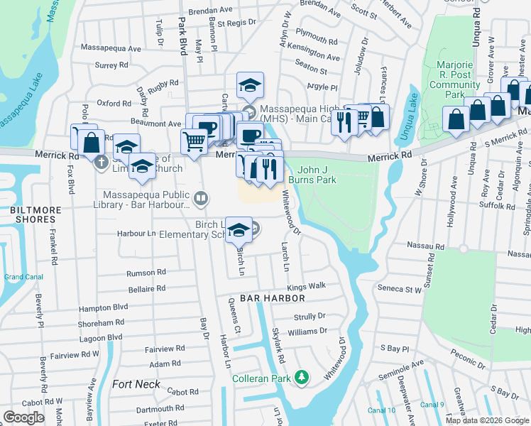 map of restaurants, bars, coffee shops, grocery stores, and more near 177 Southgate Crescent in Massapequa Park