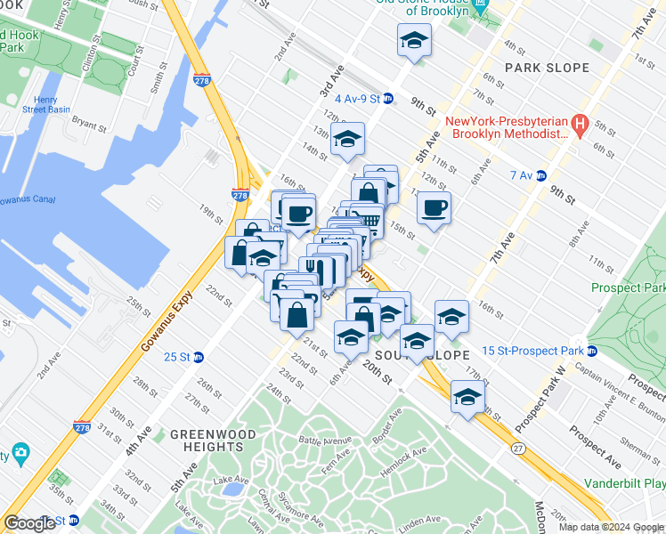 map of restaurants, bars, coffee shops, grocery stores, and more near 230 17th Street in Brooklyn