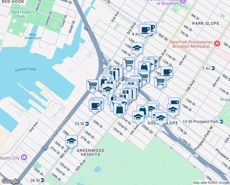 map of restaurants, bars, coffee shops, grocery stores, and more near 175 19th Street in Brooklyn