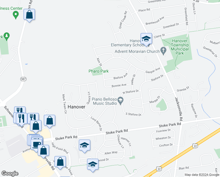 map of restaurants, bars, coffee shops, grocery stores, and more near 1361 Bonnie Avenue in Bethlehem