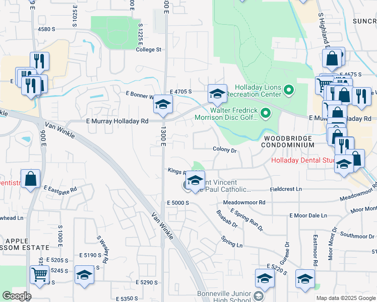 map of restaurants, bars, coffee shops, grocery stores, and more near 4856 South Colony Circle in Holladay