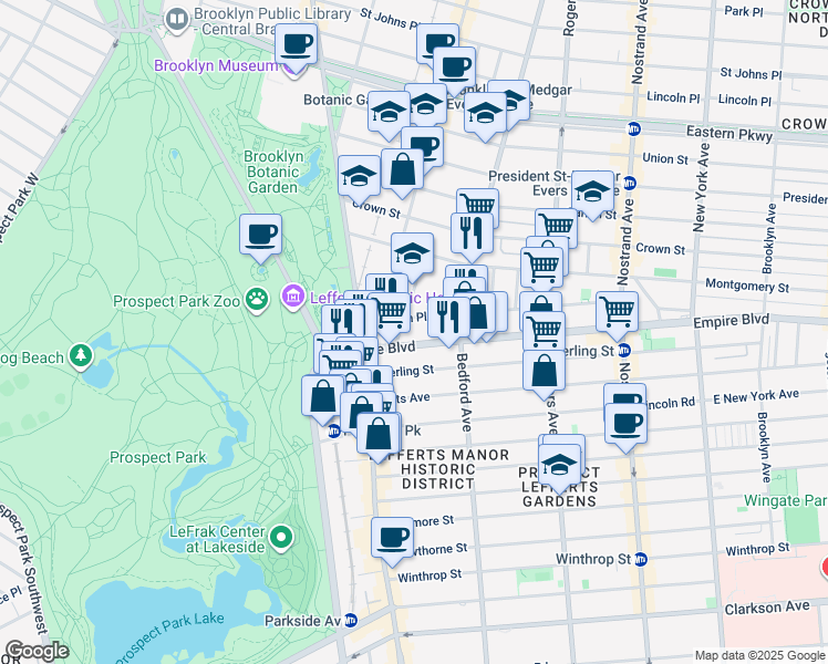 map of restaurants, bars, coffee shops, grocery stores, and more near 97 Empire Boulevard in Brooklyn