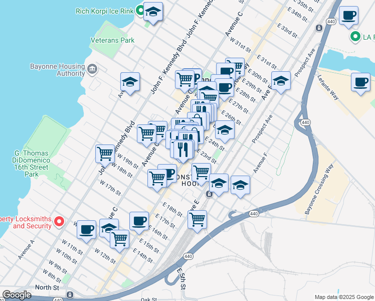map of restaurants, bars, coffee shops, grocery stores, and more near 492 Broadway in Bayonne