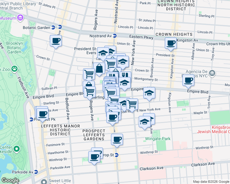 map of restaurants, bars, coffee shops, grocery stores, and more near 353 Empire Boulevard in Brooklyn