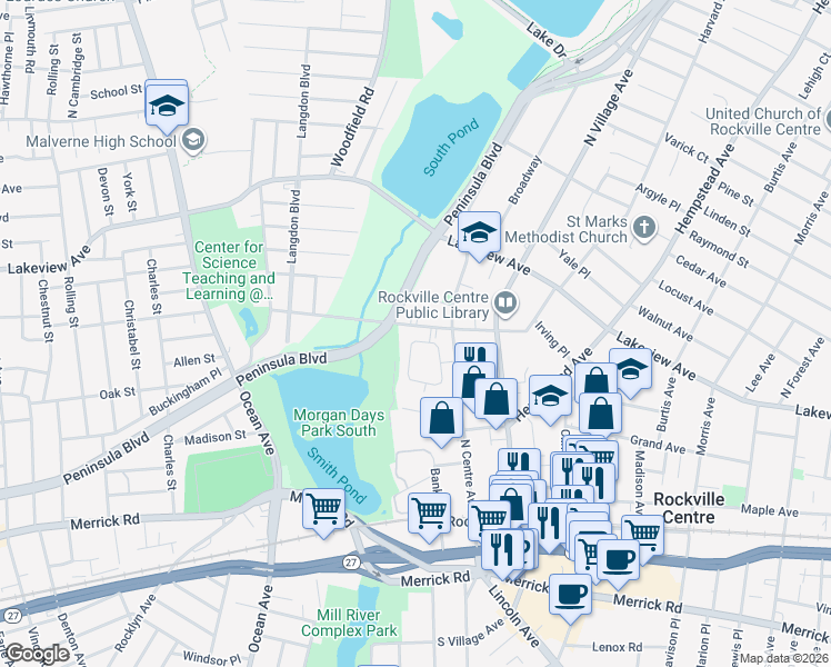 map of restaurants, bars, coffee shops, grocery stores, and more near 40 Maine Avenue in Rockville Centre