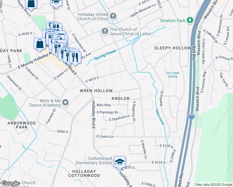 map of restaurants, bars, coffee shops, grocery stores, and more near 4874 South Andlor Street in Holladay