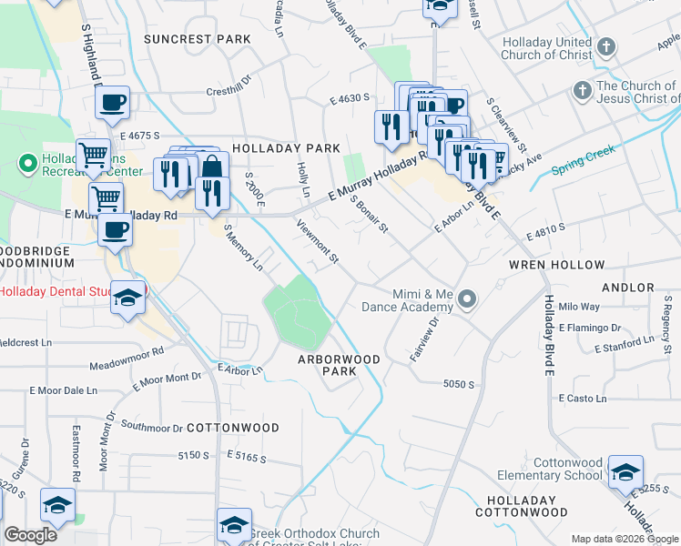 map of restaurants, bars, coffee shops, grocery stores, and more near 4866 Viewmont Street in Holladay
