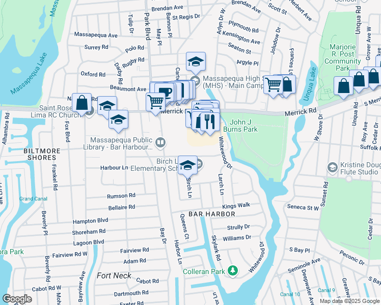 map of restaurants, bars, coffee shops, grocery stores, and more near 135 Southgate Drive in Massapequa Park