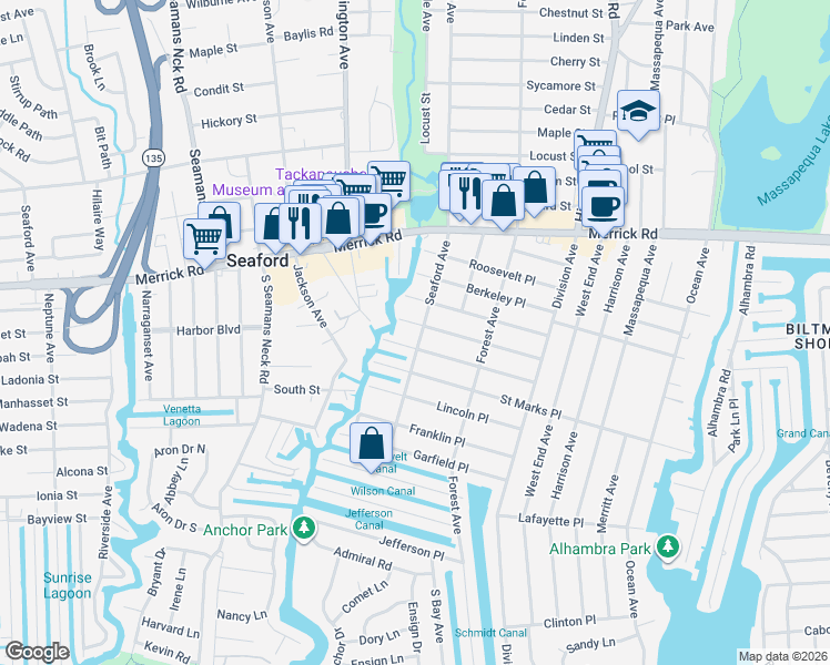 map of restaurants, bars, coffee shops, grocery stores, and more near 244 Seaford Avenue in Massapequa