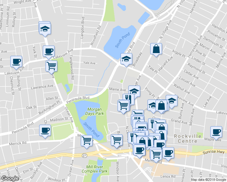 map of restaurants, bars, coffee shops, grocery stores, and more near 33 Old Mill Court in Rockville Centre