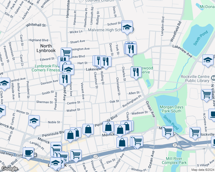 map of restaurants, bars, coffee shops, grocery stores, and more near 79 Rolling Street in Lynbrook