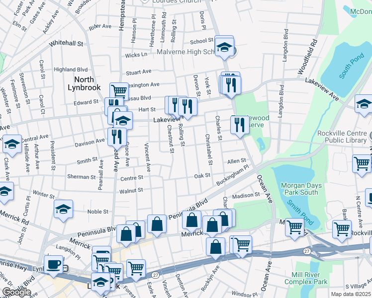 map of restaurants, bars, coffee shops, grocery stores, and more near 79 Rolling Street in Lynbrook