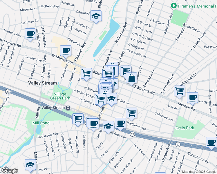 map of restaurants, bars, coffee shops, grocery stores, and more near 75 Rockaway Avenue in Valley Stream