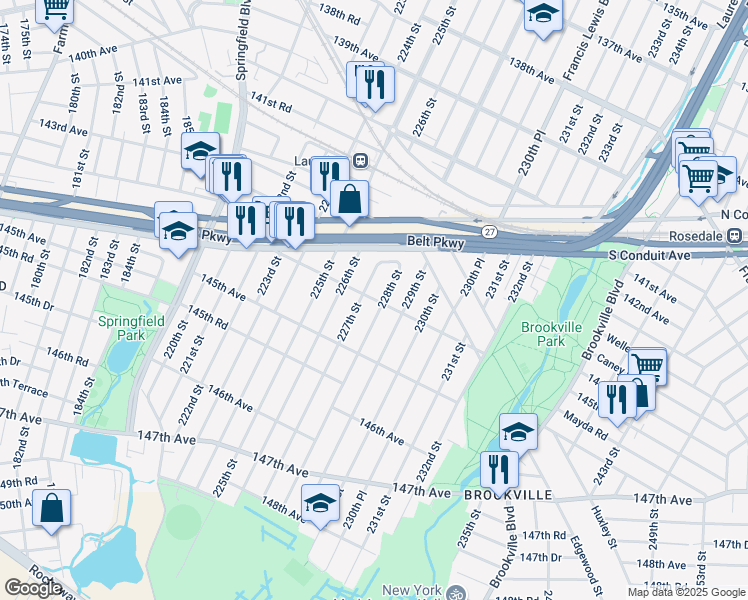 map of restaurants, bars, coffee shops, grocery stores, and more near 14403 228th Street in Queens