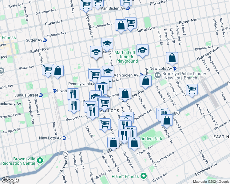 map of restaurants, bars, coffee shops, grocery stores, and more near 453 New Lots Avenue in Brooklyn