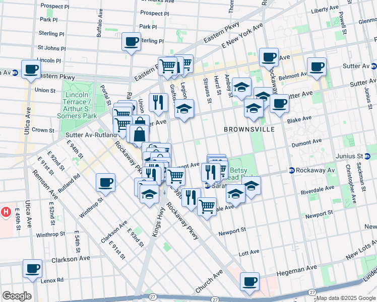 map of restaurants, bars, coffee shops, grocery stores, and more near 216 Legion Street in Brooklyn