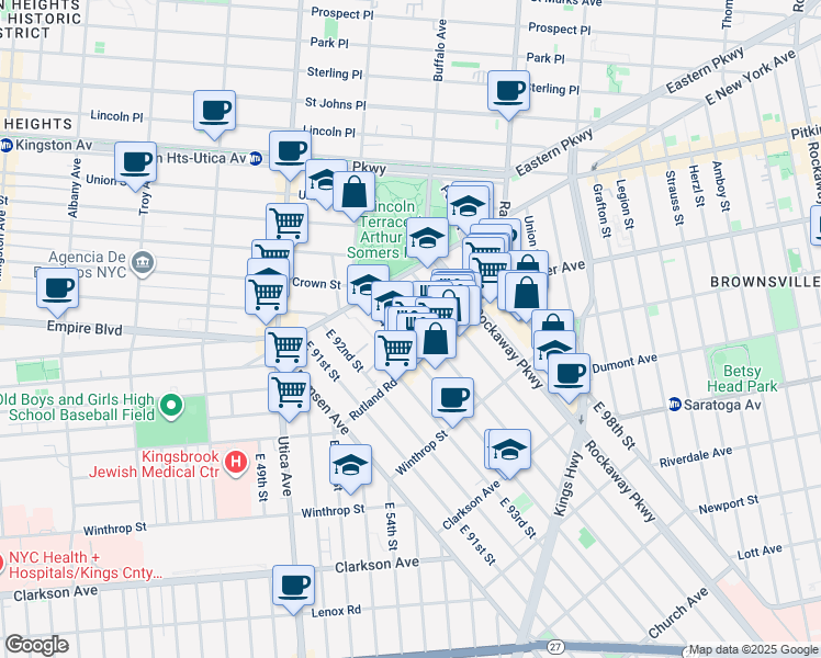 map of restaurants, bars, coffee shops, grocery stores, and more near 80 East 95th Street in Brooklyn