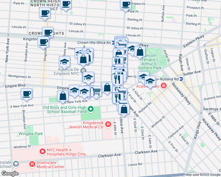 map of restaurants, bars, coffee shops, grocery stores, and more near 842 Lefferts Avenue in Brooklyn