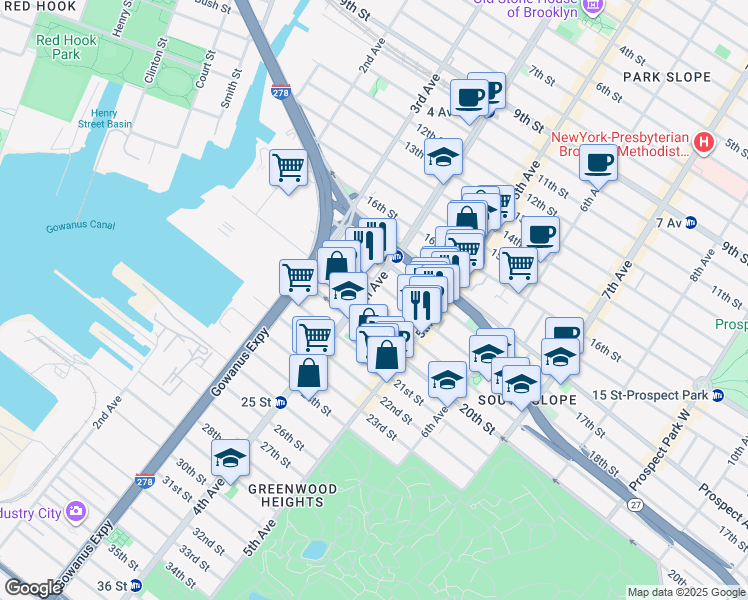 map of restaurants, bars, coffee shops, grocery stores, and more near 189 19th Street in Brooklyn