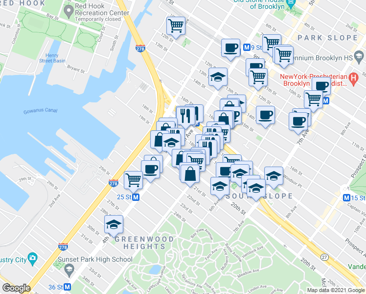 map of restaurants, bars, coffee shops, grocery stores, and more near 189 19th Street in Brooklyn
