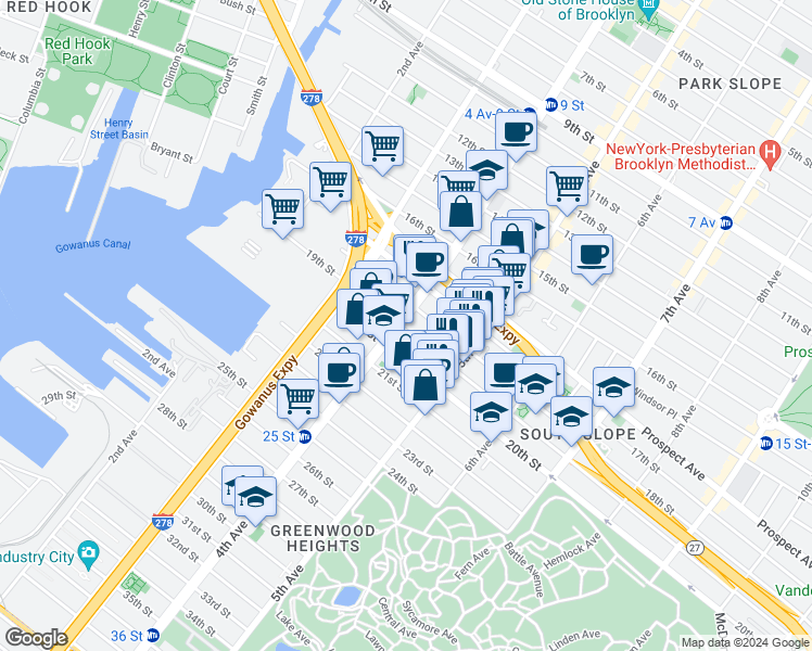 map of restaurants, bars, coffee shops, grocery stores, and more near 189 19th Street in Brooklyn