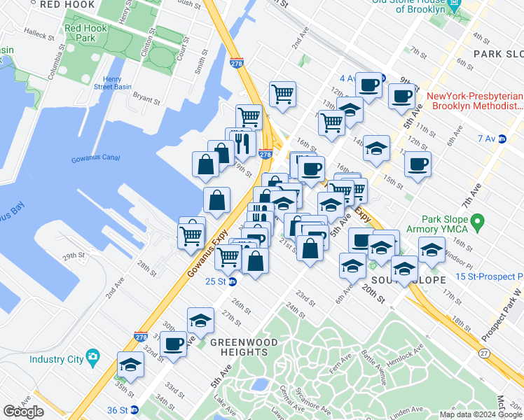 map of restaurants, bars, coffee shops, grocery stores, and more near 147 21st Street in Brooklyn