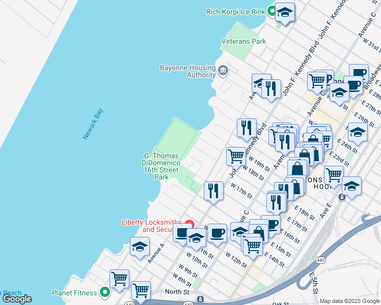 map of restaurants, bars, coffee shops, grocery stores, and more near 175 West 16th Street in Bayonne