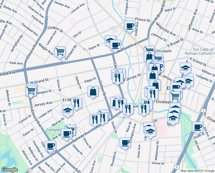 map of restaurants, bars, coffee shops, grocery stores, and more near 120 West Jersey Street in Elizabeth