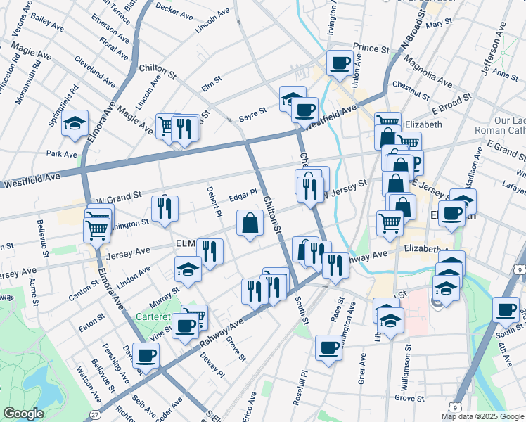 map of restaurants, bars, coffee shops, grocery stores, and more near 201-211 West Jersey Street in Elizabeth