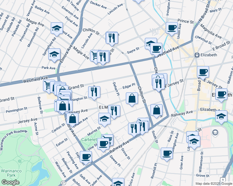 map of restaurants, bars, coffee shops, grocery stores, and more near 301-311 West Jersey Street in Elizabeth