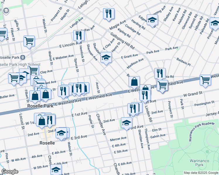 map of restaurants, bars, coffee shops, grocery stores, and more near 113 Magie Avenue in Roselle Park