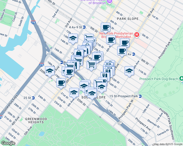 map of restaurants, bars, coffee shops, grocery stores, and more near 581 6th Avenue in Brooklyn
